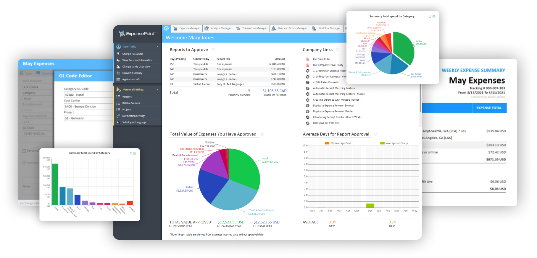 ExponsePoint's dashboard, charts, expenses summaries. ExponsePoint's dashboard, charts, expenses summaries.